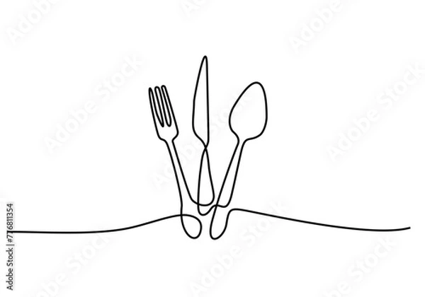 Fototapeta Continuous one line drawing. restaurant logo. Black and white vector illustration.