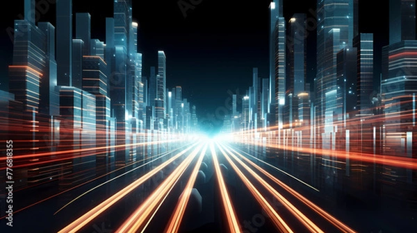 Fototapeta 3D rendering of abstract highway path through city digital binary towers