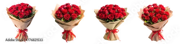 Fototapeta set of bouquet of red roses wrapped around with gift paper isolated on transparent background