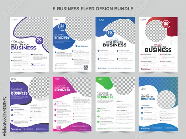 Obraz A set of  8 flyer designs in a4 size, business flyer bundle, corporate flyer template, flyer template, brochure, magazine or poster, leaflet, 8 in 1 bundle. 