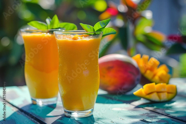 Fototapeta Two glasses of homemade mango smoothie on a rustic turquoise table, with fresh mangoes and greenery in the background..