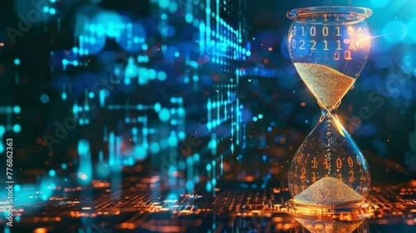 Fototapeta A digital hourglass with binary sand measures critical time in cybersecurity response, showcasing the importance of swift, timely measures against a vivid backdrop of cyber data.