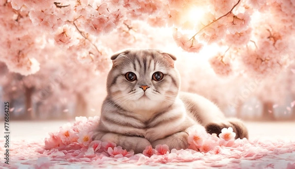 Fototapeta 満開の桜の花の穏やかな美しさを楽しんでいる猫のスコティッシュフォールド。A relaxed cat given spotted sunlight under the pink canopy of the petal and the cat which is in full blossom, and enjoys the calm beauty of cherry blossoms.

