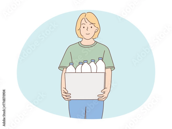 Fototapeta illustration of a woman holding a box containing bottles to be recycled