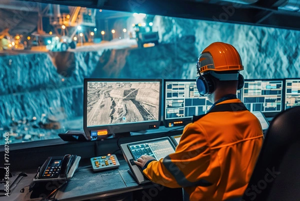 Fototapeta Digital control center in mine overseeing real-time data for optimized operations of mining technology.