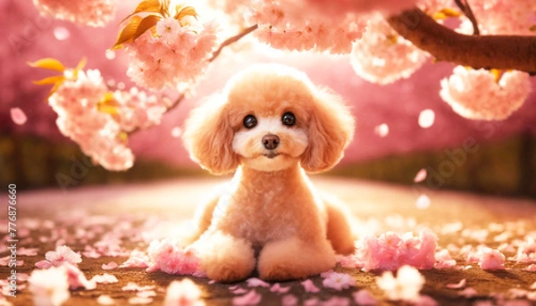 Fototapeta 満開の桜とトイプードル。
