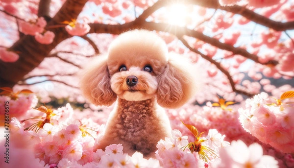 Fototapeta A cherry tree and a toy poodle in full blossom.満開の桜とトイプードル。