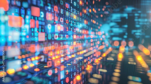 Fototapeta Vibrant abstract image depicting flowing data streams with glowing digital elements, representing connectivity and information technology..