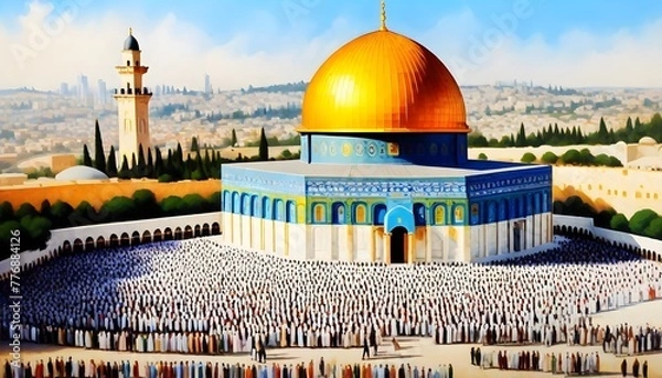 Obraz Eid Celebration in Palestine Masjid Aqsa, A large crowd of people of various ages with palestine flag and Middle Eastern ethnicity in front of the Dome of the Rock, Asian ethnicit