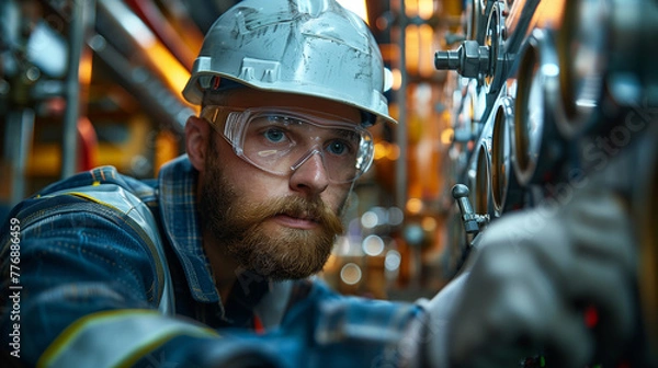 Fototapeta Professional male engineer in safety gear meticulously adjusts complex machinery within an industrial factory setting.