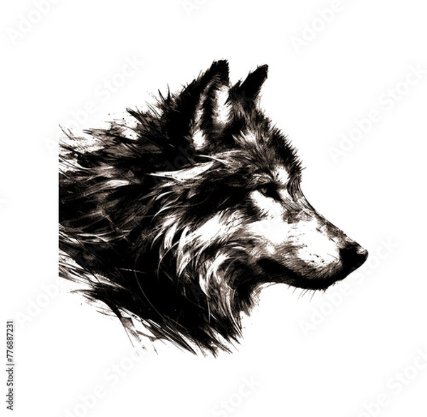 Fototapeta wolf face grunge texture, view from side - black on white background (artwork 1)