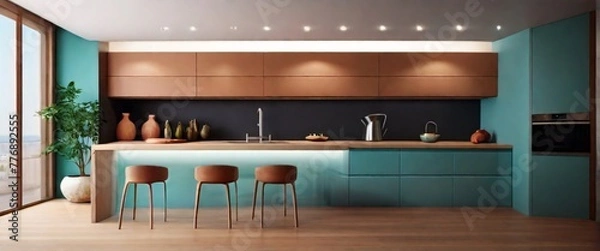 Fototapeta Cozy modern kitchen room interior design with wall