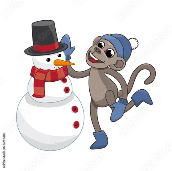 Obraz funny monkey sculpts snowman