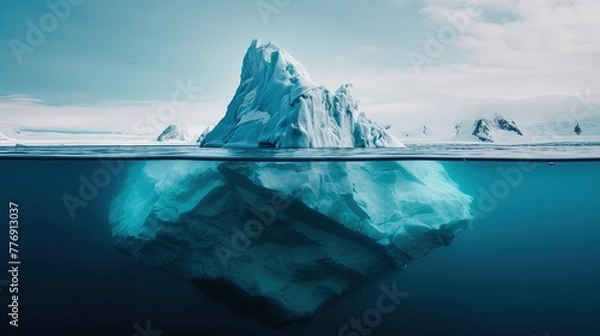 Fototapeta Minimalistic image of an iceberg in the ocean with a view under and above the water with a copy space. Generative AI