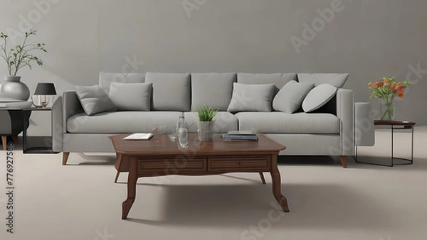 Obraz Modern living room with a transparent photo frame displaying a blank poster design, surrounded by gray walls and a gray couch design. The 3D rendering showcases a stylish interior design.