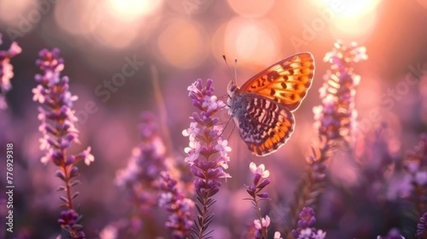 Fototapeta Violet heather flowers and butterfly in rays of summer sunlight in spring outdoors on nature macro