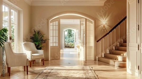 Fototapeta A Light-Toned Hallway, Accented with a Chair and Palm, Ushers into the Welcoming Space of the Entrance Hall
