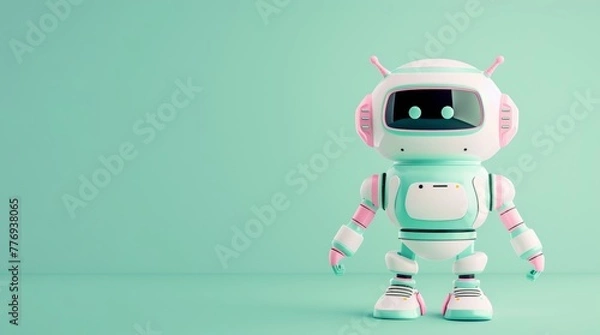 Fototapeta 
Charming 3D illustration of a cheerful robot character with pastel pink and teal accents, posed against a calming solid pastel green background, ideal for futuristic-themed designs.