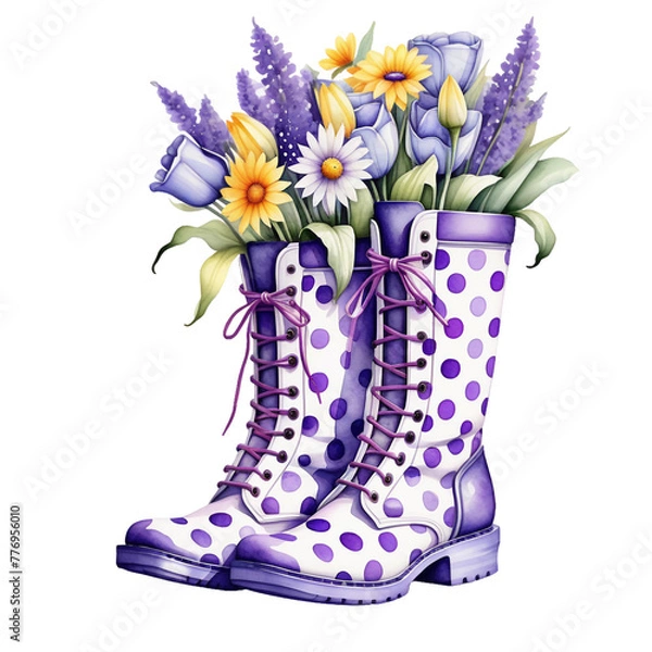 Fototapeta Watercolor pair purple polka dots boots decorated with many spring flowers isolated on PNG background. Generative AI.