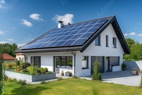 Fototapeta House with solar panels on the roof. The house is located in a rural area, surrounded by trees. There is a large lawn in front of the house.