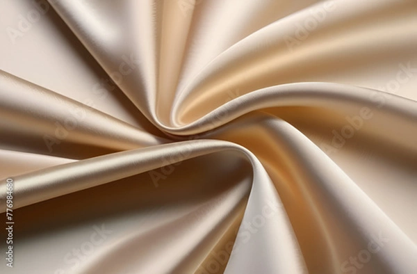Fototapeta Beige silk textile background. Smooth silky satin texture. Waves, folds, soft, smooth. Background for banners, advertisements, fabric store.