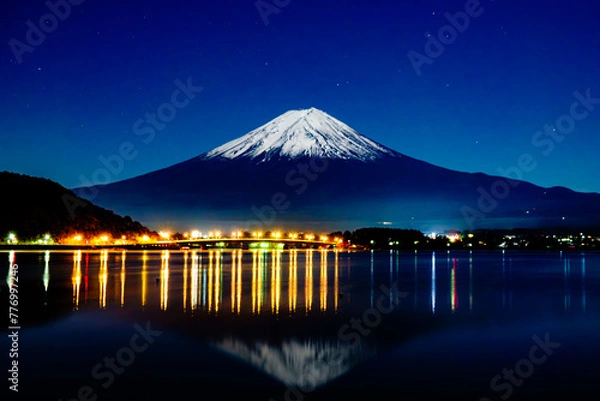 Obraz 河口湖大橋の夜景 富士山の観光 山梨旅行