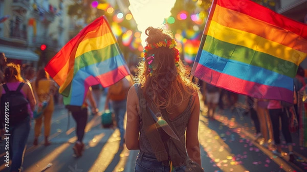 Obraz Back view of people with LGBT holding flags parade on the street