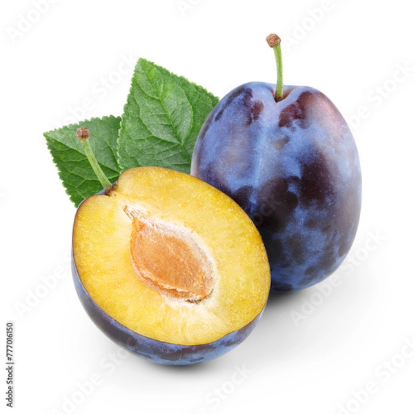 Fototapeta Plum with half and leaves