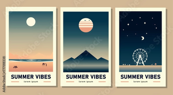Fototapeta A set of abstract colorful landscape summer posters with the sun, stars, sea, mountains, river, observation wheel. Vector flat illustration, Templates for printing in the style of modern art