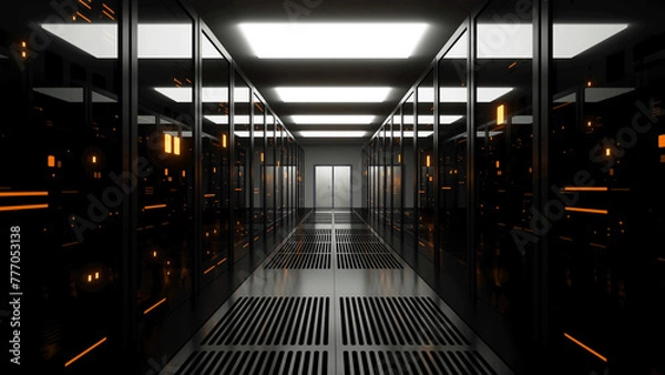 Fototapeta Server Room of data center with data storage servers, ISP, render farms behind glass panels with yellow twinkling lights. Technology futuristic modern footage with copy space.