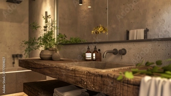 Fototapeta The bathroom is a modern take on the concept of bringing nature indoors. A reclaimed wood vanity and mirror add a touch of rustic charm to the sleek and minimalistic space. The use .