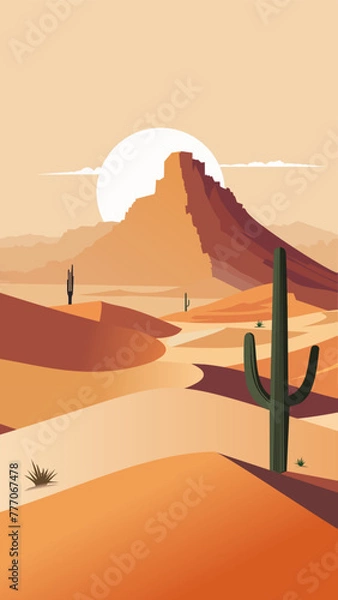 Fototapeta desert landscape in a minimalist style with a large rock, a pyramid in the distance and sand dunes and cacti in the foreground. vertical orientation