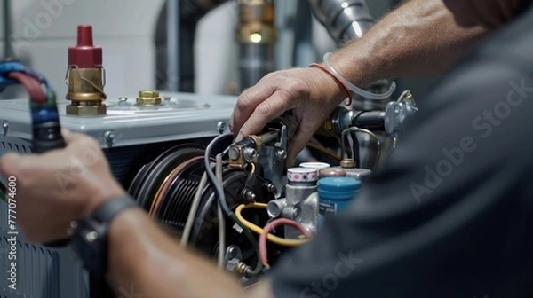 Fototapeta A technician's hands working on HVAC equipment with tools, focusing on electrical wiring and maintenance tasks.