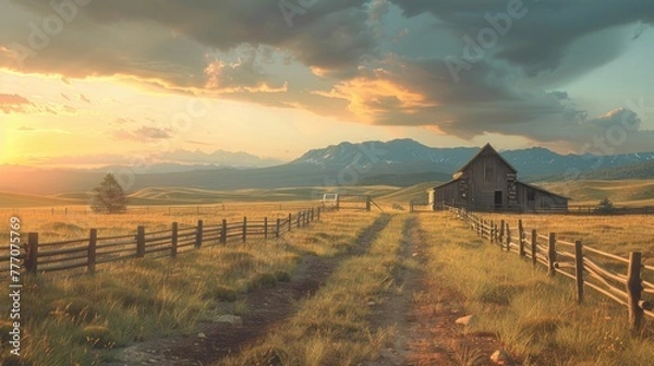 Obraz Serene Sunset Over Western Ranch Landscape, golden hour casts a serene glow over a rustic cabin and fence-lined dirt road against the backdrop of distant mountains