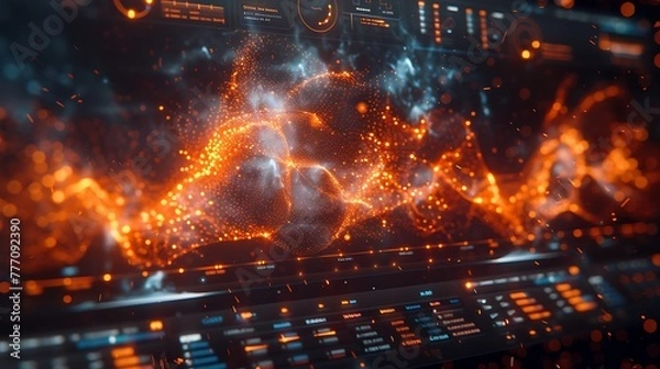 Fototapeta A quantum computing-inspired network dashboard on a computer monitor, featuring an abstract visualization of qubit interactions and probabilistic algorithms.