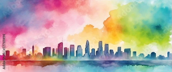 Fototapeta for advertisement and banner as Cityscape Wash Urban skylines meet the fluidity of watercolor washes. in watercolor landscape theme theme ,Full depth of field, high quality ,include copy space on left