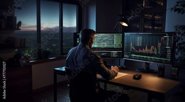 Fototapeta A young man in a suit is working on a table and looking at investment graphs, playing stocks, watching graphs on a computer screen. Generative AI.