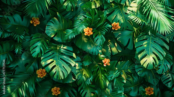 Fototapeta Dark jungle foliage, exotic leaves pattern for a mysterious forest vibe
