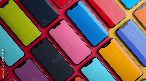 Obraz 赤い背景へスマートフォンが複数均等に並べられいてる