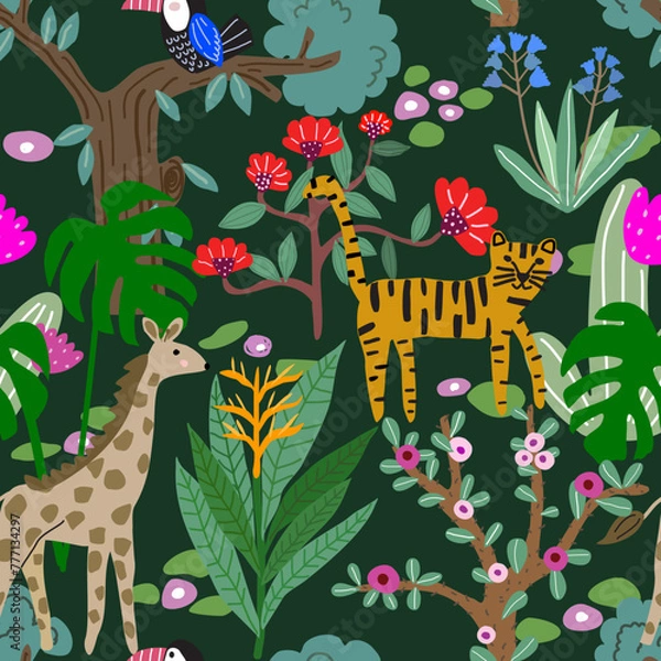 Obraz Seamless amazon forest pattern with trees Various flowers, including toucans, giraffes and tigers, are used for wallpaper, textiles and prints.