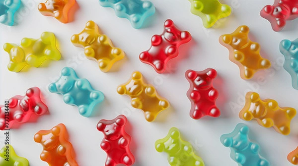 Obraz 白い背景にカラフルなグミが均一に並ぶパターン