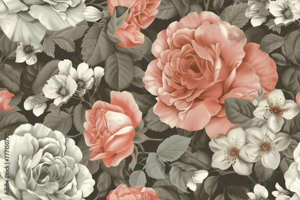 Fototapeta vintage floral lace pattern with bouquets of roses and other various flowers. Roses are of different sizes and are made in delicate pink tones, with a velvety texture of the petals.