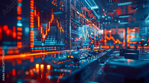 Fototapeta Dynamic financial chart on city backdrop, neon glow illustrating market trends