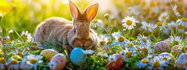 Fototapeta Easter celebration with rabbit in spring meadow, holiday decoration and colorful eggs