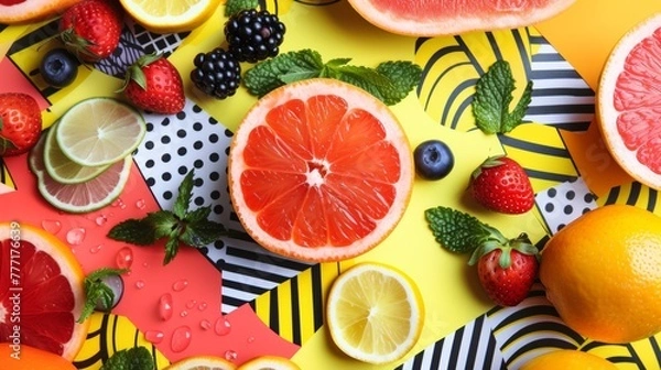 Fototapeta A colorful fruit is arranged on a patterned background, AI