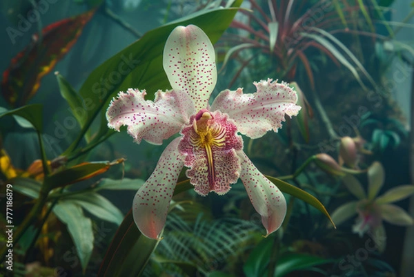 Fototapeta A stunning orchid displayed in a botanical conservatory, focusing on the intricate details of the delicate blossoms against a backdrop of lush greenery for a sense of ethereal beauty.