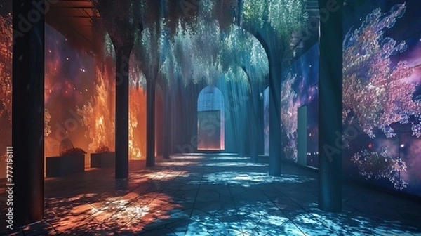 Fototapeta Mystical corridor with colorful galaxy projections on walls, creating a dreamy cosmic atmosphere.