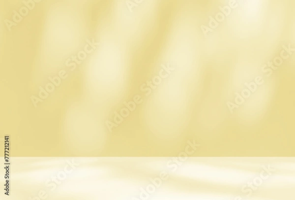 Fototapeta Empty yellow golden pastel room studio with shadow of leaves overlay sunlight for product presentation display. Cosmetic showroom. Winter, Spring, Summer, Autumn backdrop. Minimal Mock up interior.	
