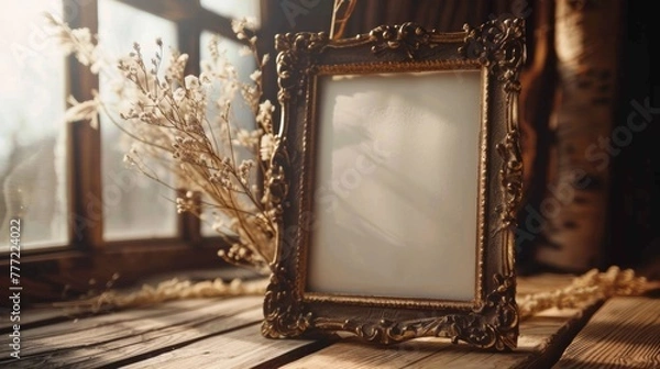 Fototapeta old photo frame on the wooden table