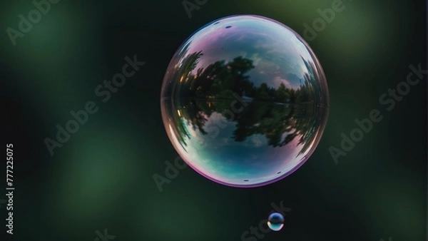 Fototapeta Single soap bubble floating in dark space